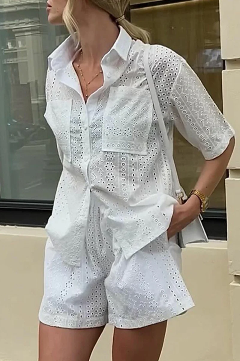 Casual Daily Solid Color Lace Pocket Turndown Collar Short Sleeve Two Pieces - Panekey