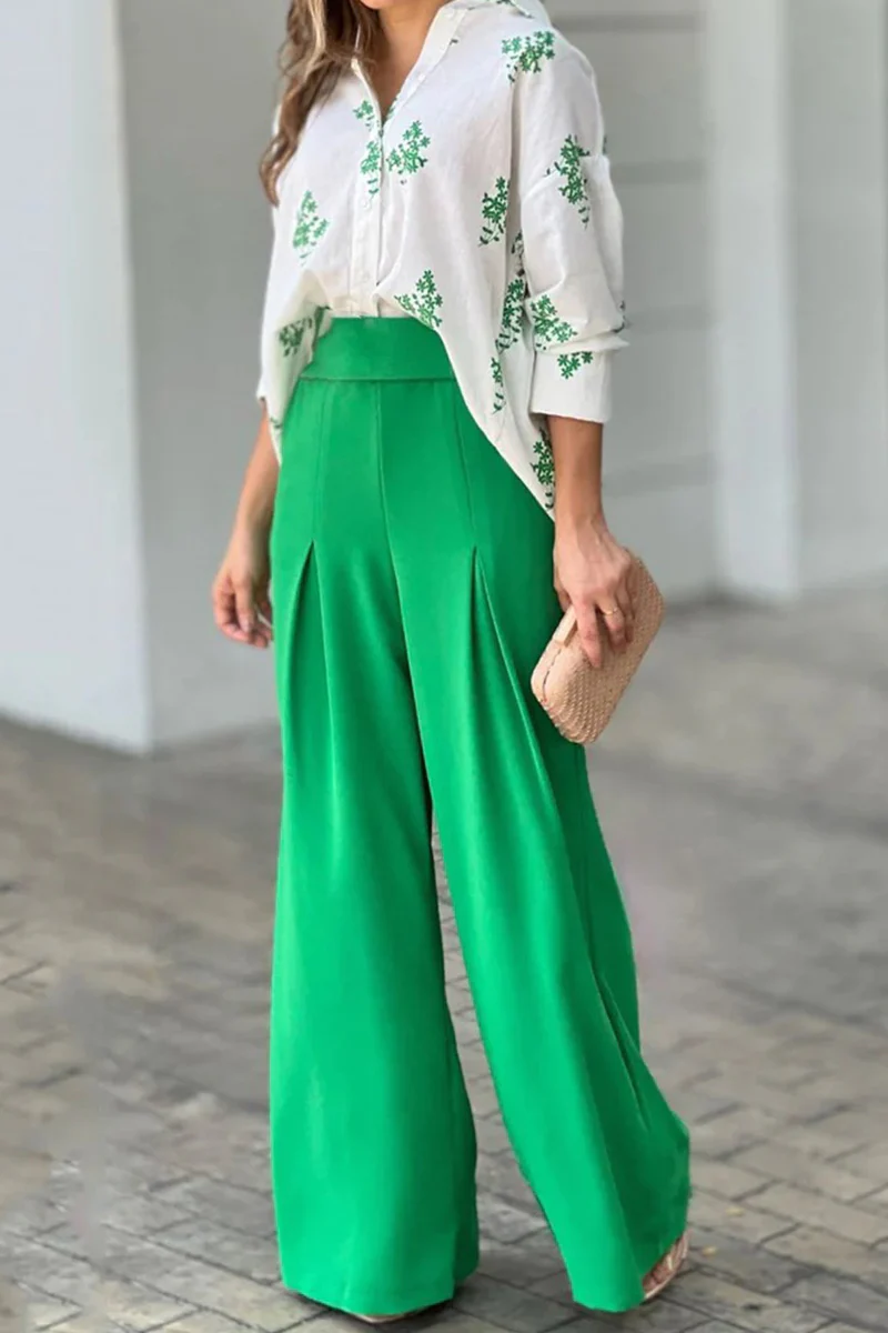 Casual Floral Printing Turndown Collar Long Sleeve Two Pieces - Panekey