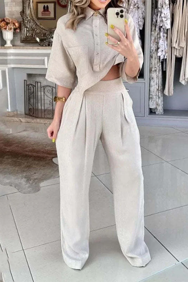 Casual Daily Solid Buttons Asymmetrical Turndown Collar Half Sleeve Two Pieces - Panekey