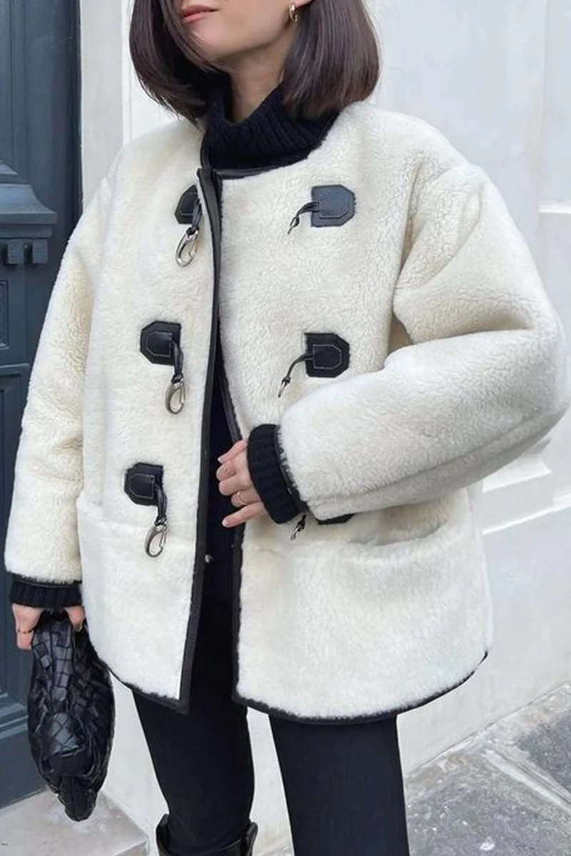 British Style Elegant Solid Buttons U Neck Outerwear - Panekey