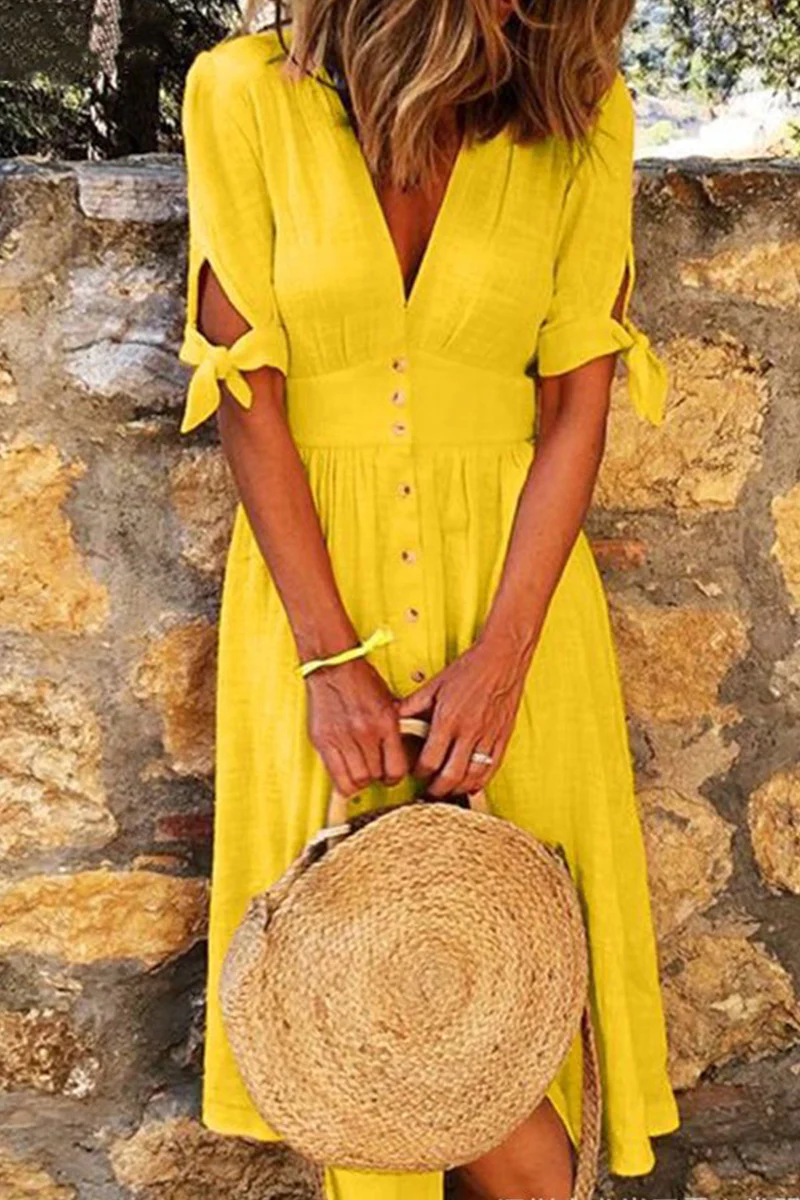 Casual Elegant Buckle Knotted V Neck Dresses(4 Colors) - Panekey