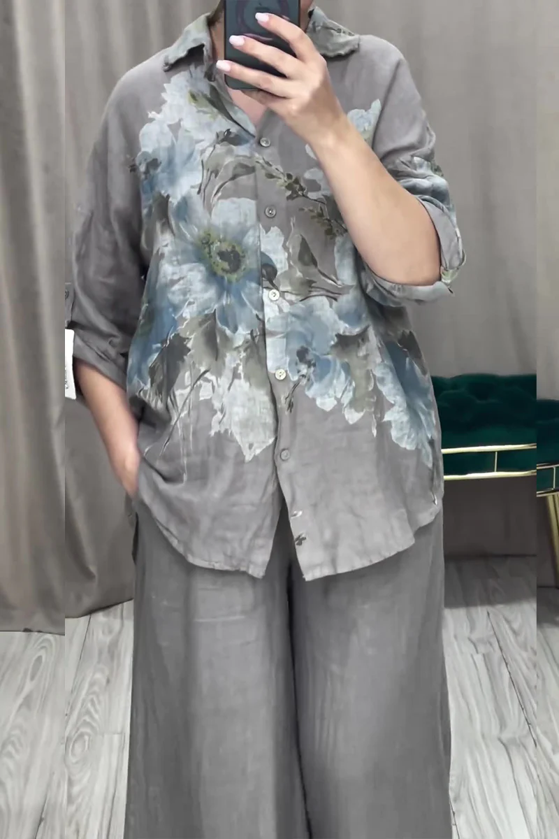 Casual Floral Print Buttons Turndown Collar Long Sleeve Two Pieces - Panekey