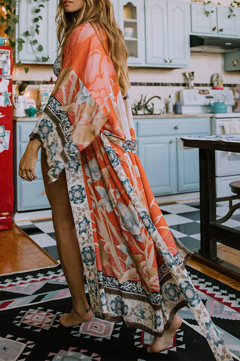 Casual Floral Print Lace Up Contrast Swimwears Cover Up - Panekey