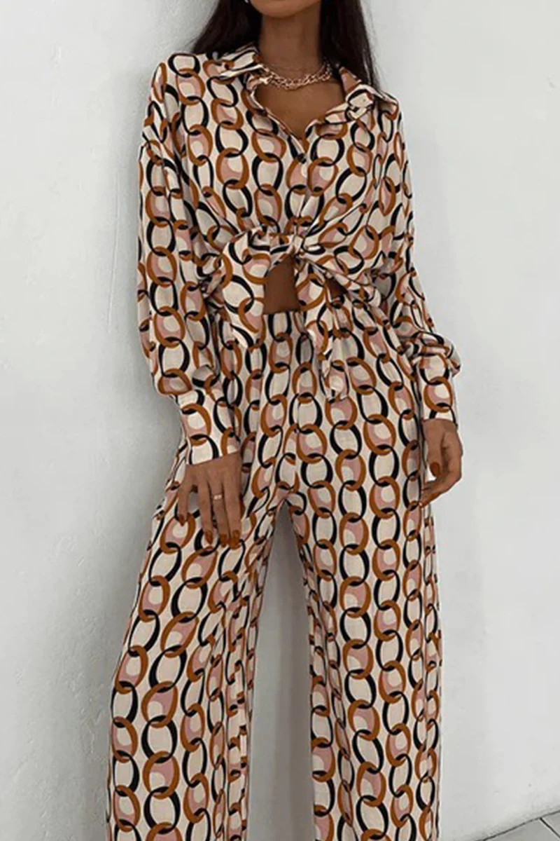 Casual Geometric Print Buttons Turndown Collar Long Sleeve Two Pieces - Panekey
