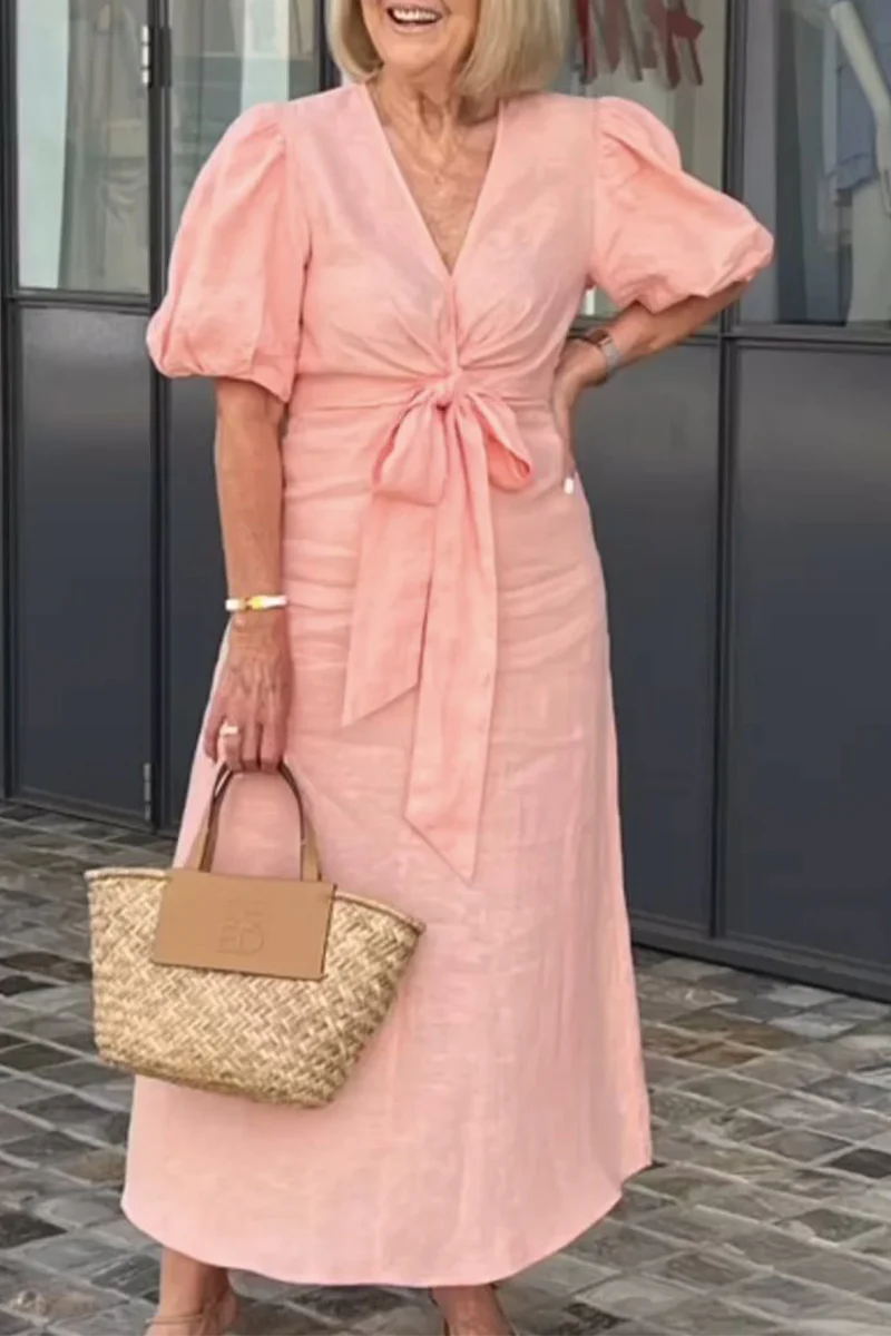 Casual Daily Lace Up V Neck A Line Short Sleeve Dress(7 Colors) - Panekey