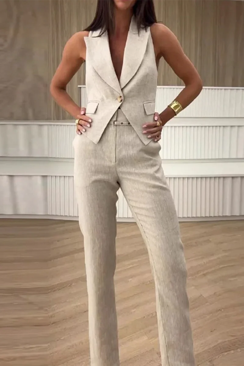 Casual Daily Solid Color Buttons Turn-back Collar Sleeveless Two Pieces(3 Colors) - Panekey