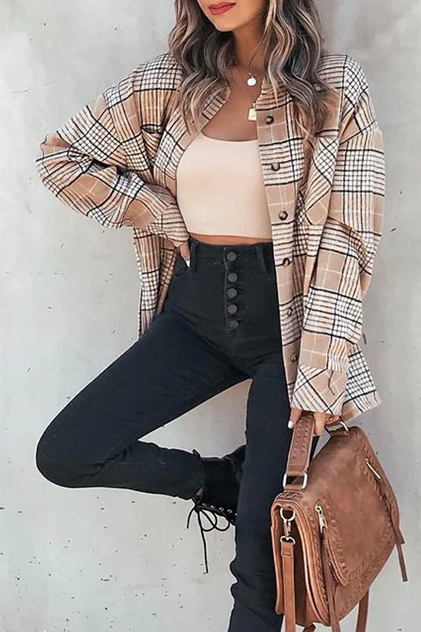 Casual Plaid Pocket Buckle Mandarin Collar Outerwear - Panekey