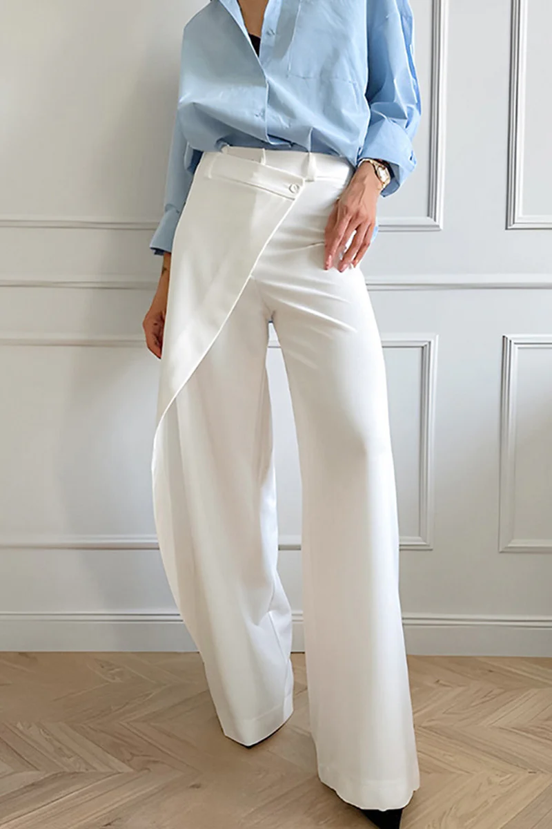 Casual Daily Solid Color Buttons Irregular High Waist Wide Leg Solid Color Bottoms - Panekey