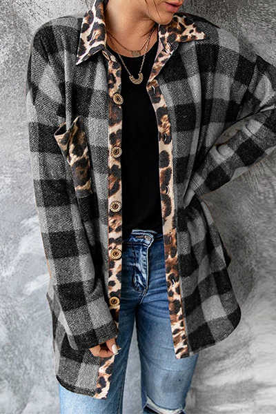 Casual Plaid Leopard Buckle Turndown Collar Tops - Panekey