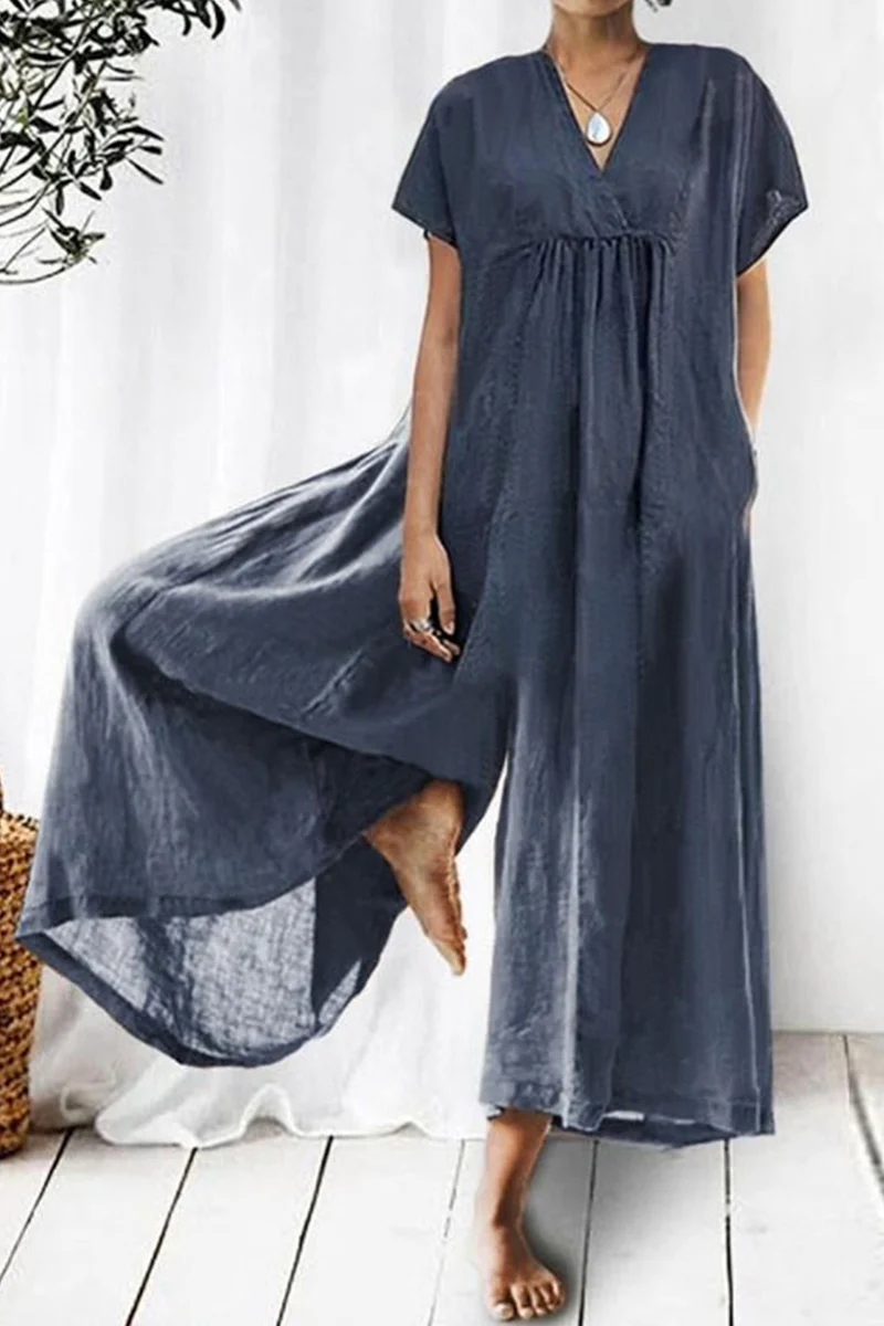 Casual Daily Solid Pocket V Neck Loose Jumpsuits - Panekey
