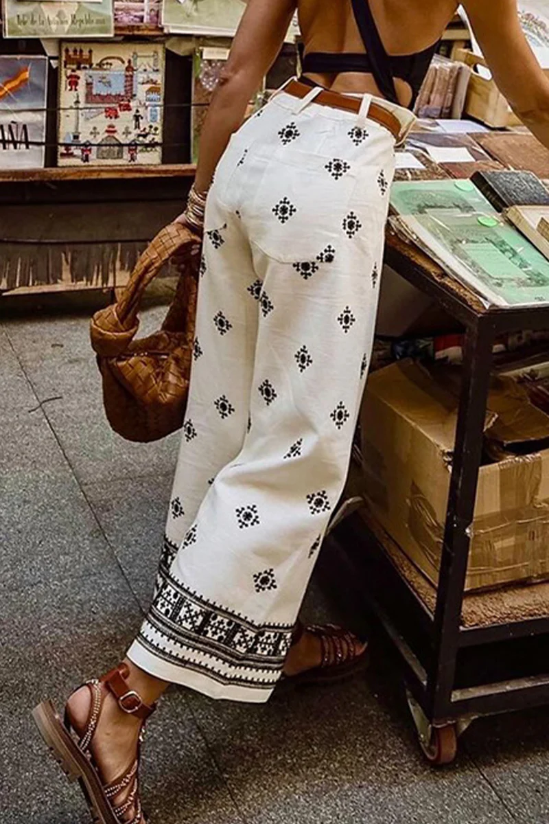 Casual Colorblock Print Pocket Loose High Waist Straight Full Print Bottoms - Panekey