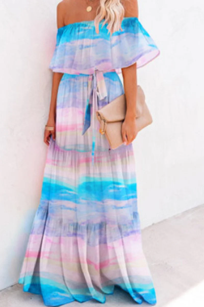 Casual Gradual Change Flounce Off the Shoulder Cake Skirt Dresses(4 Colors) - Panekey