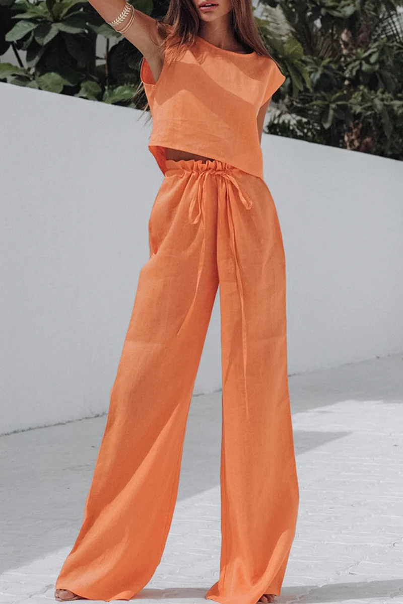 Casual Daily Solid Color Lace Up O Neck Sleeveless Two Pieces - Panekey