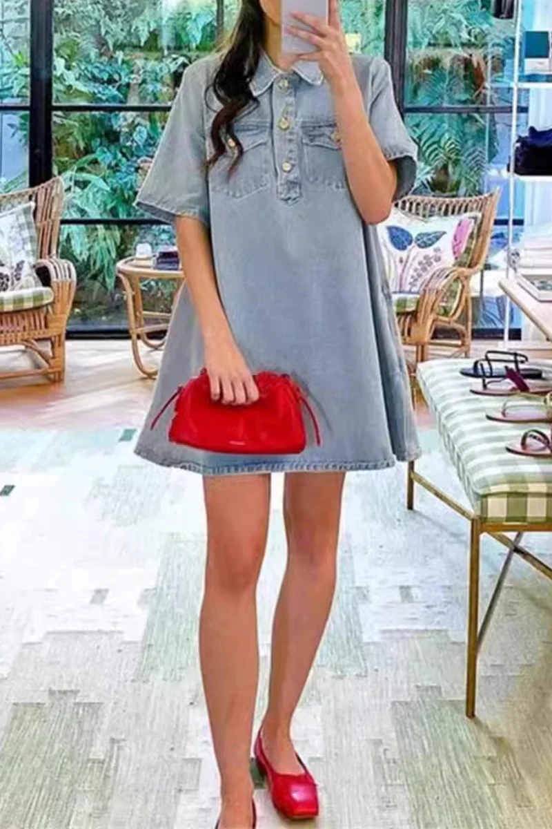 Casual Daily Solid Color Buttons Turndown Collar Short Sleeve Loose Denim Dresses - Panekey