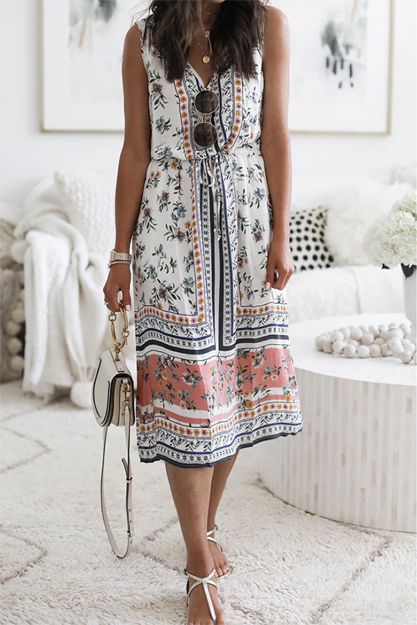 Casual Floral Patchwork Frenulum V Neck A Line Dresses - Panekey