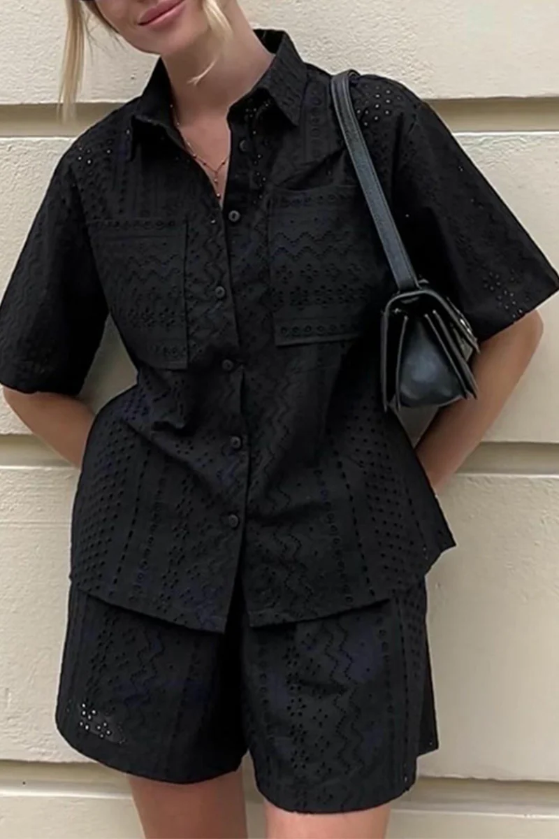 Casual Daily Solid Color Lace Pocket Turndown Collar Short Sleeve Two Pieces - Panekey