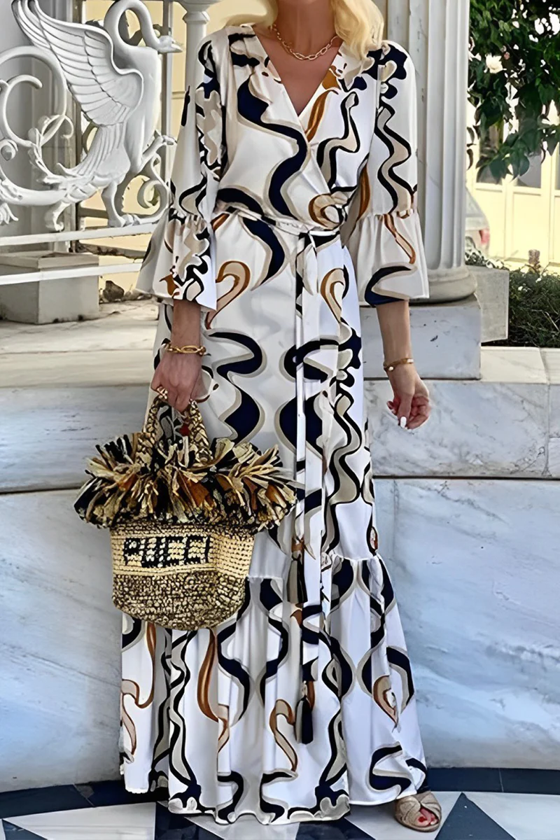 Casual Daily Geometric Print Lace Up Contrast U Neck One-piece Suits Dresses - Panekey