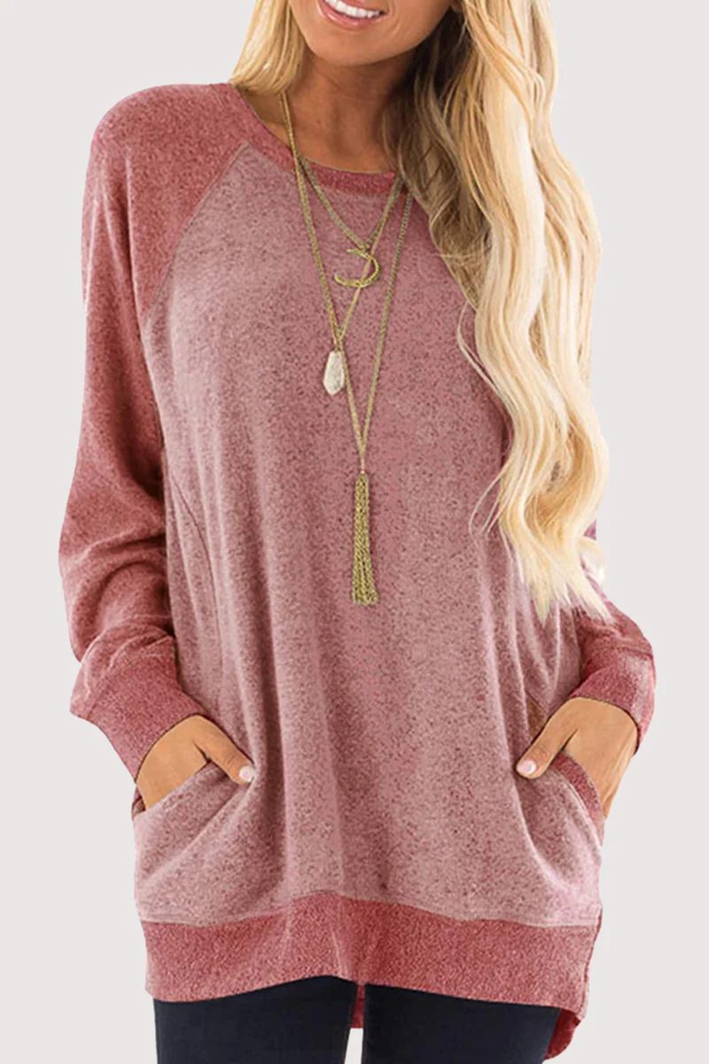 Casual Patchwork Pocket O Neck Tops - Panekey