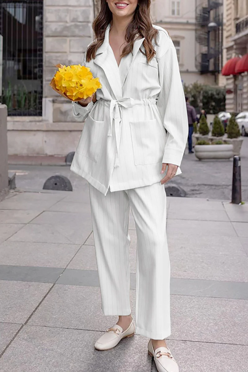 British Style Elegant Striped Bandage Turn-back Collar Long Sleeve Two Pieces - Panekey