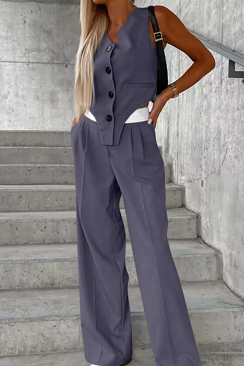 Casual British Style Solid Buttons Fold Asymmetrical V Neck Sleeveless Two Pieces(8 Colors) - Panekey