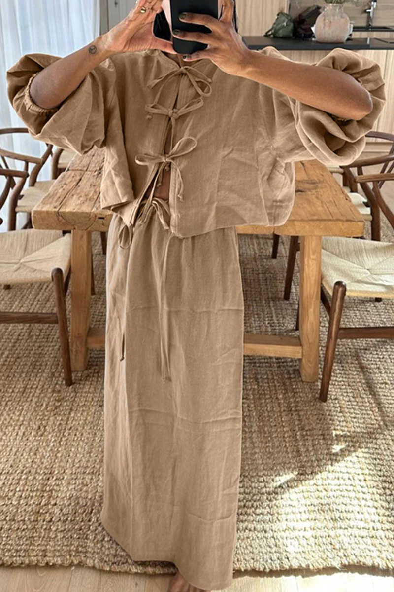 Casual Daily Solid Color Lace Up O Neck Long Sleeve Two Pieces - Panekey