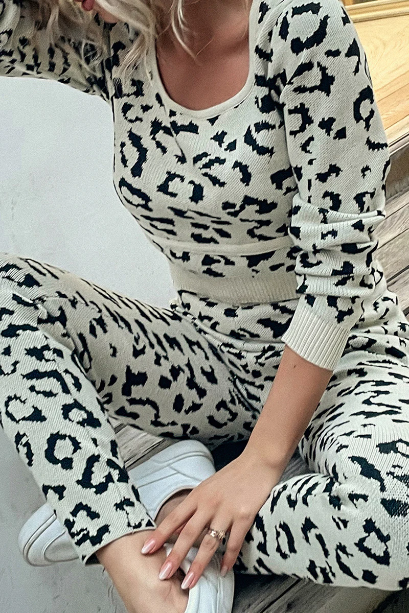 Casual Leopard Patchwork O Neck Long Sleeve Two Pieces - Panekey