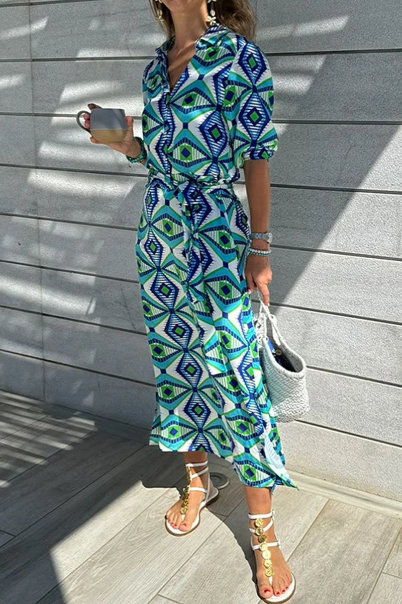 Casual Geometric Print Lace Up Slit Contrast Turndown Collar Shirt Dresses - Panekey