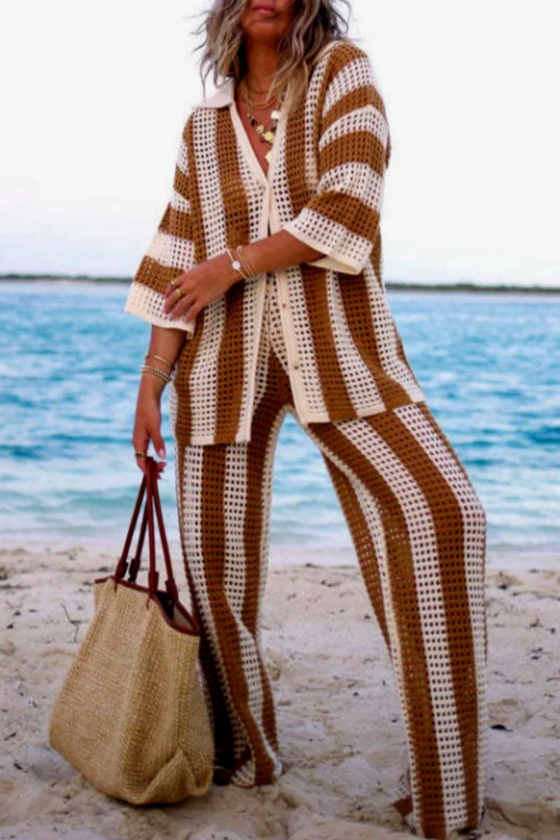 Casual Patchwork Hollowed Out Contrast V Neck Long Sleeve Two Pieces - Panekey