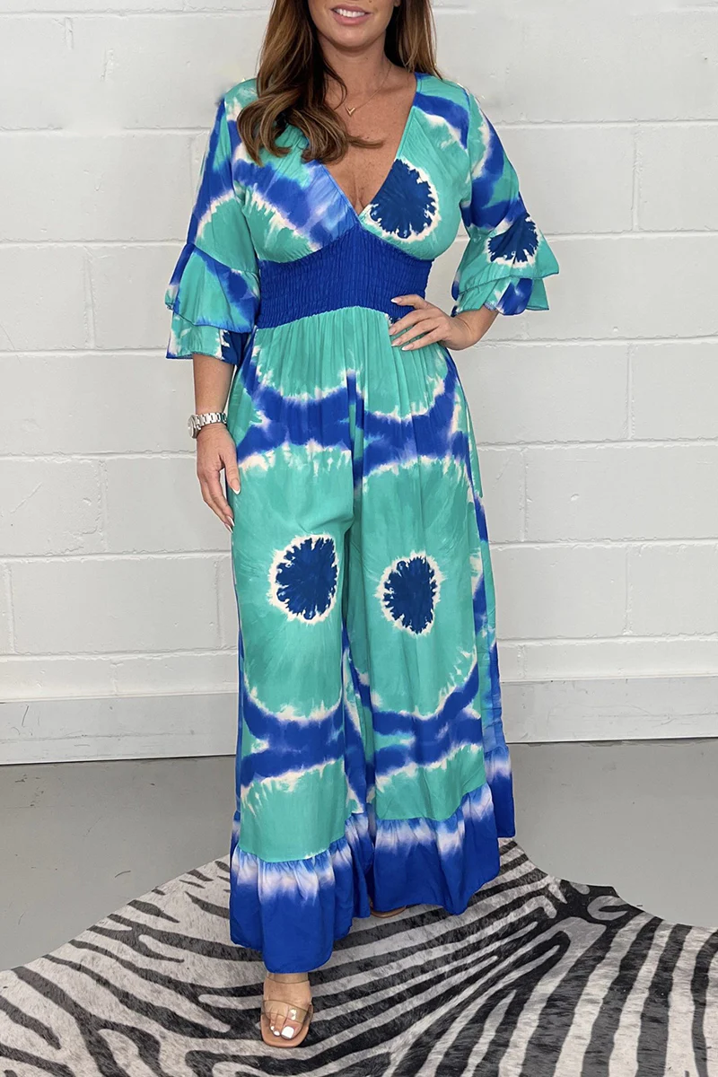 Casual College Print Patchwork V Neck Loose Jumpsuits - Panekey