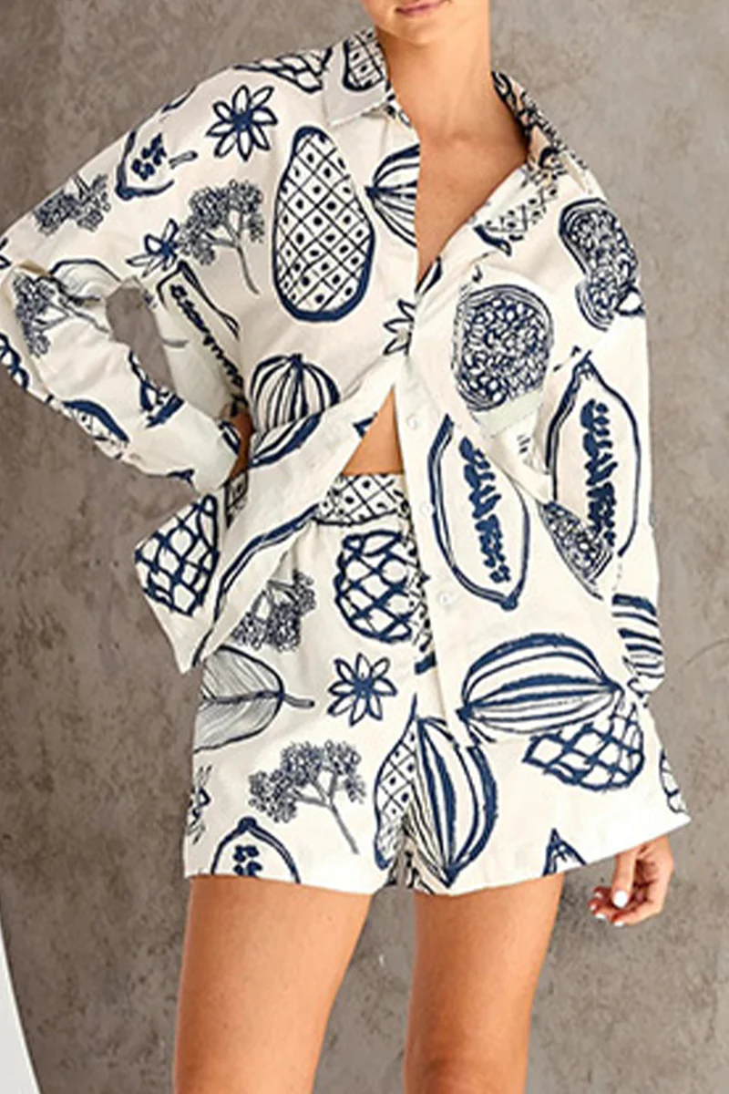 Casual Floral Patchwork Turndown Collar Long Sleeve Two Pieces - Panekey