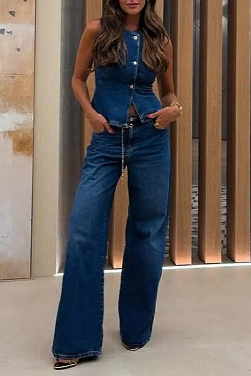 Casual Buttons O Neck Sleeveless Two Pieces - Panekey