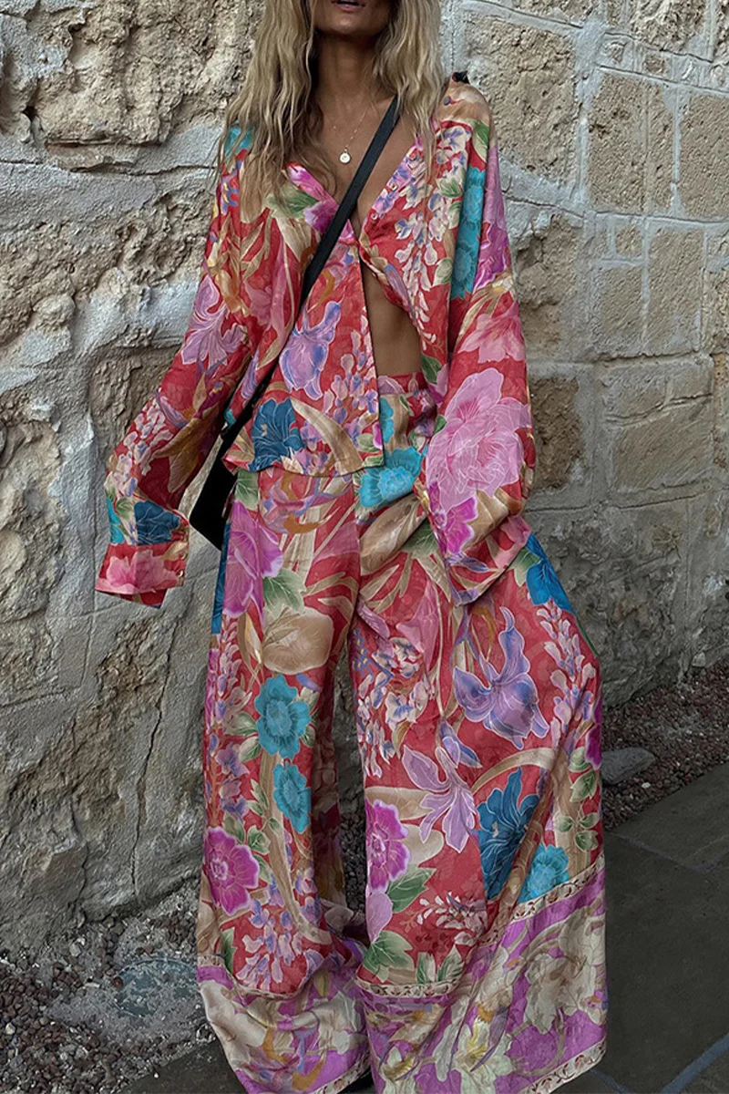 Casual Floral Print Pocket Contrast Turndown Collar Long Sleeve Two Pieces - Panekey