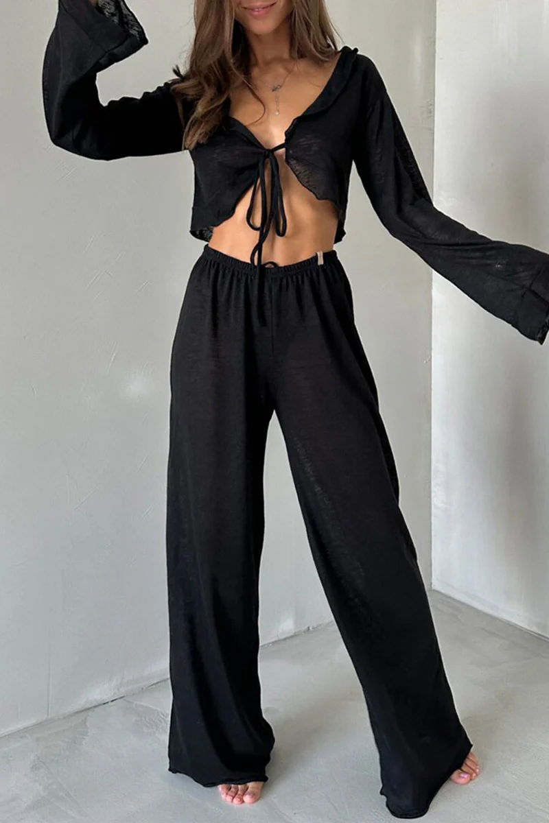 Casual Lace Up Ruffle V Neck Long Sleeve Two Pieces - Panekey