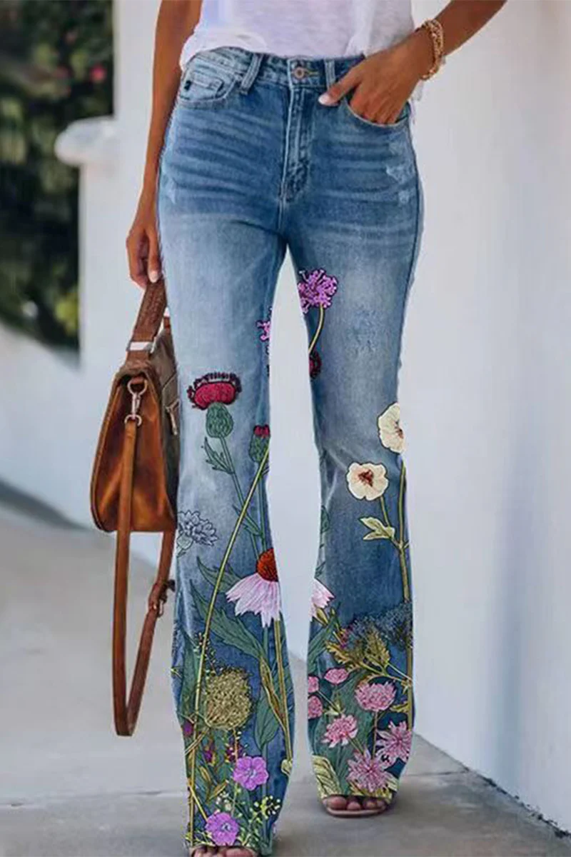 Casual Floral Pocket Regular Denim Jeans(9 Colors) - Panekey