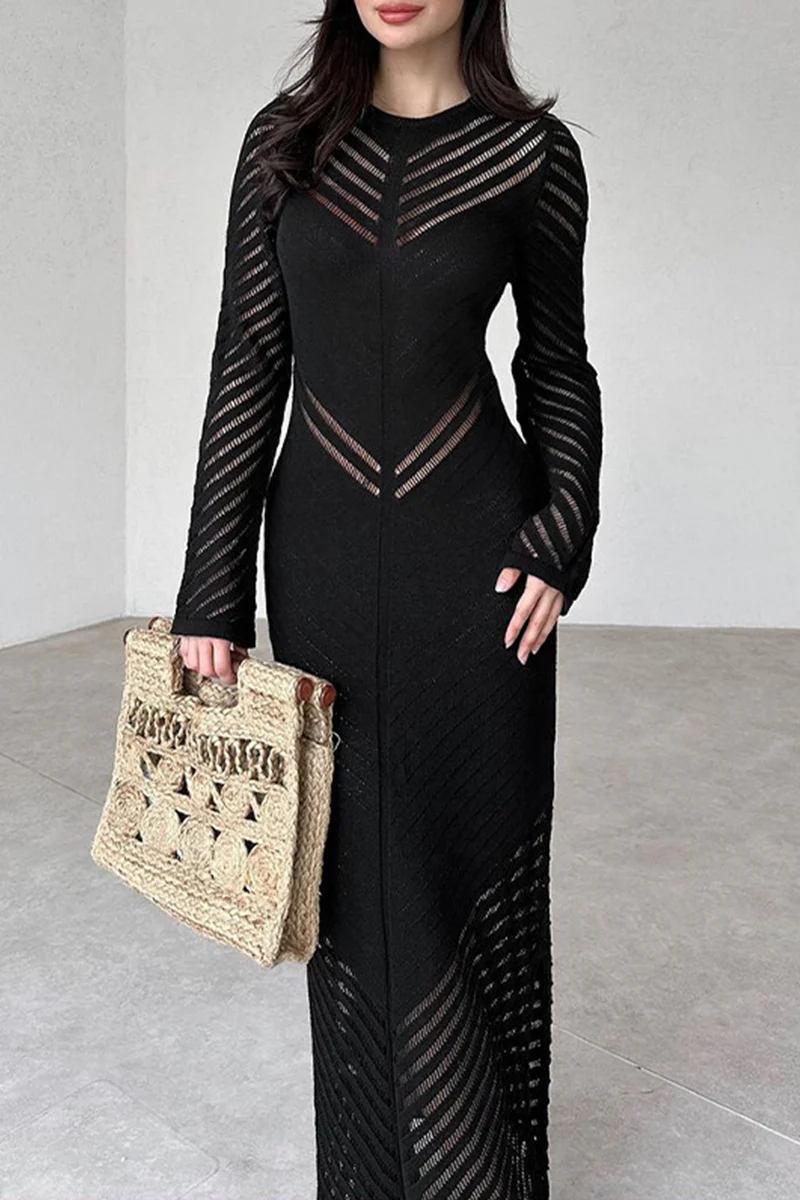 Casual Daily Solid Color Hollow Out Stringy Selvedge O Neck Wrapped Skirt Dresses - Panekey