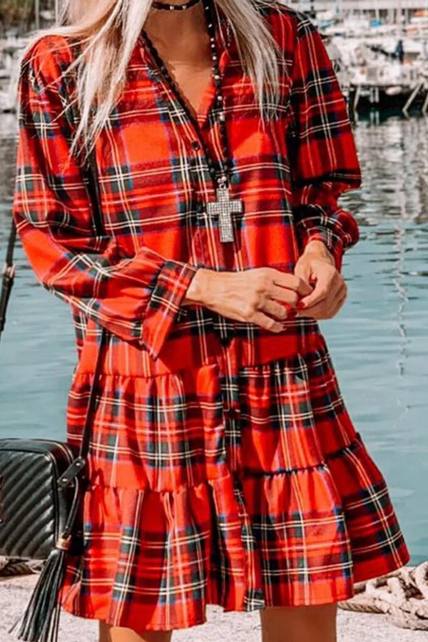 Casual Plaid Buckle Flounce Cake Skirt Dresses - Panekey