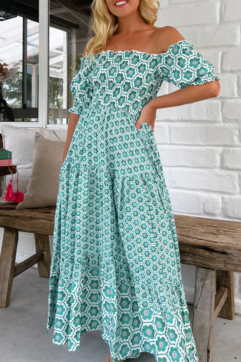 Casual Geometric Print Contrast Off Shoulder Short Sleeve Short Sleeve Dress - Panekey