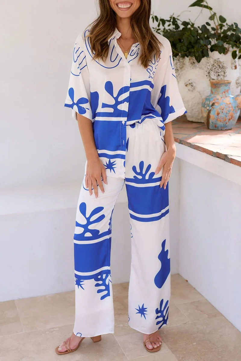 Casual Daily Geometric Print Buttons Turndown Collar Short Sleeve Two Pieces - Panekey