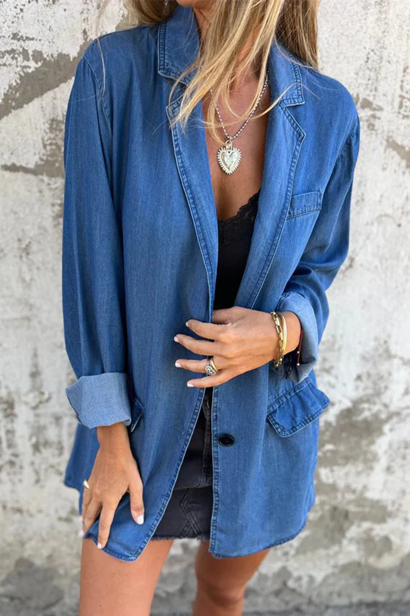 Casual Daily Solid Color Buttons Patchwork Turn-back Collar Long Sleeve Loose Denim Jacket(4 Colors) - Panekey