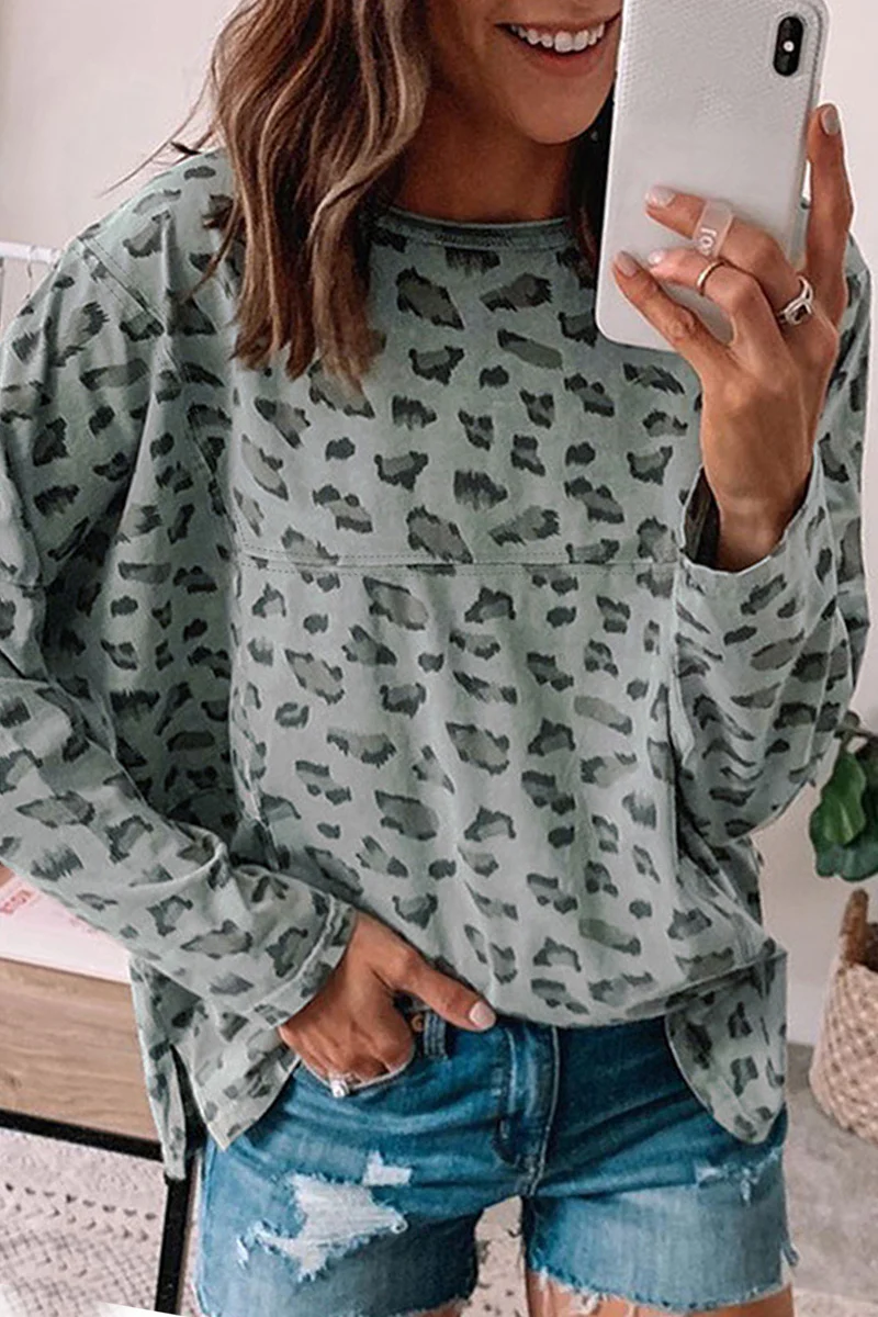 Casual Leopard Printing O Neck Tops(3 Colors) - Panekey