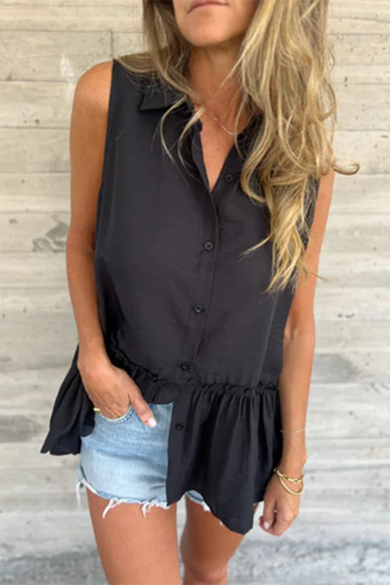 Casual Buttons Pleated Flounce Turndown Collar Blouses(3 Colors) - Panekey