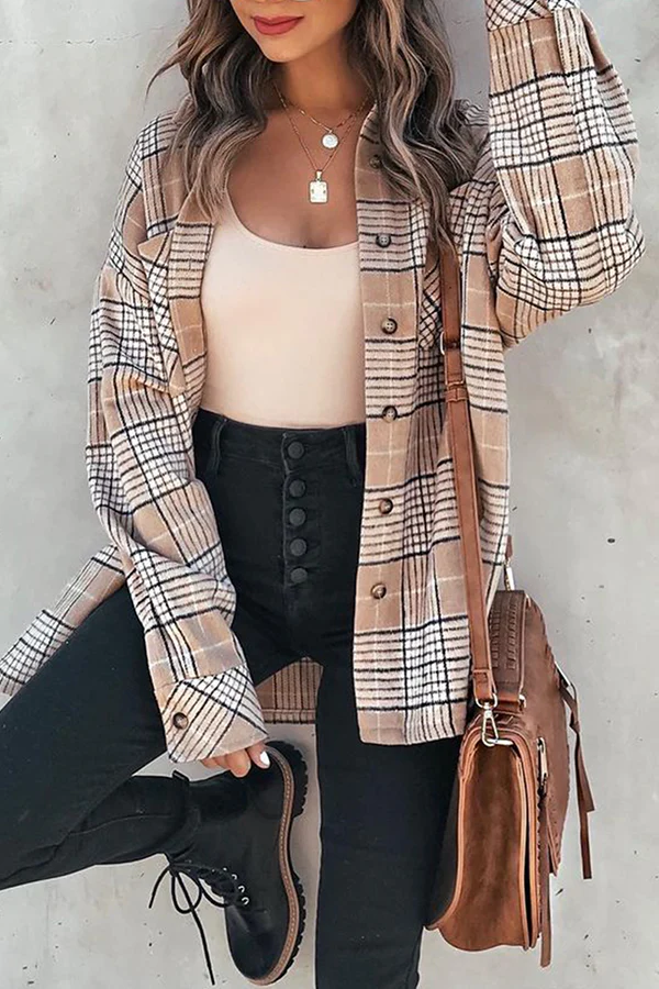 Casual Plaid Pocket Buckle Mandarin Collar Outerwear - Panekey