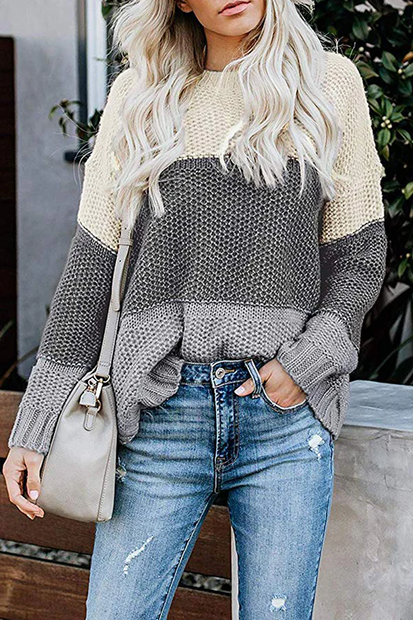 Casual Patchwork Basic  Contrast O Neck Tops Sweater - Panekey