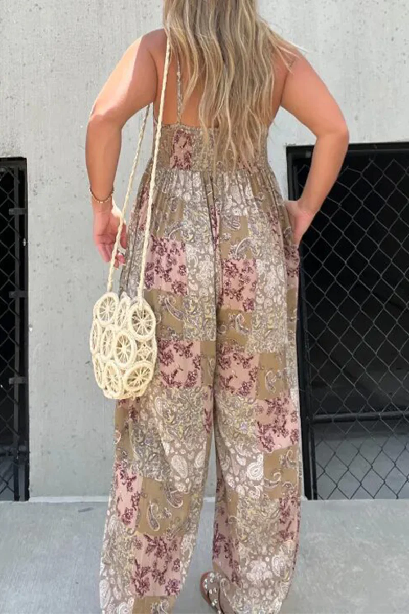 Casual Floral Pocket V Neck Loose Jumpsuits - Panekey