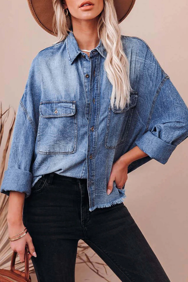 Casual Daily Gradient Color Pocket Contrast Turndown Collar Blouses - Panekey