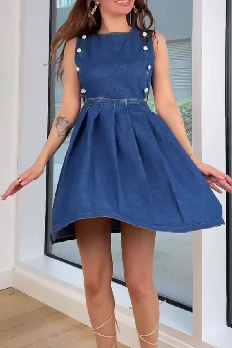Casual Hollow Out Ruched Zipper O Neck Sleeveless Denim Dresses - Panekey