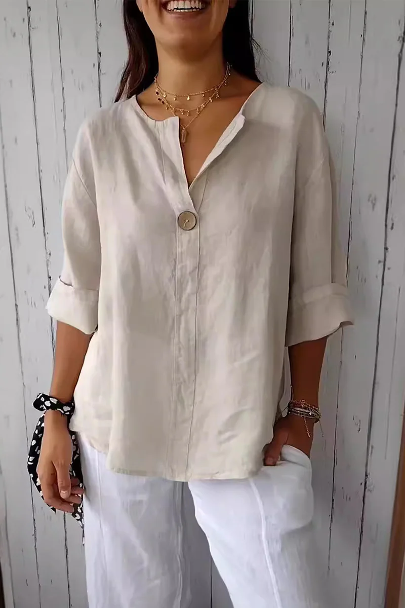 Casual Daily Solid Color Buttons V Neck T-Shirts - Panekey