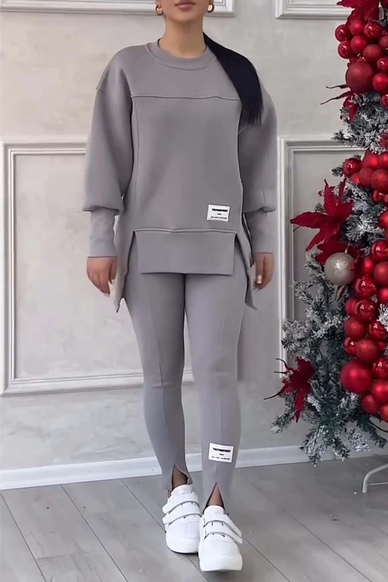 Casual Daily Letter Print Patchwork Slit O Neck Long Sleeve Two Pieces(6 Colors) - Panekey