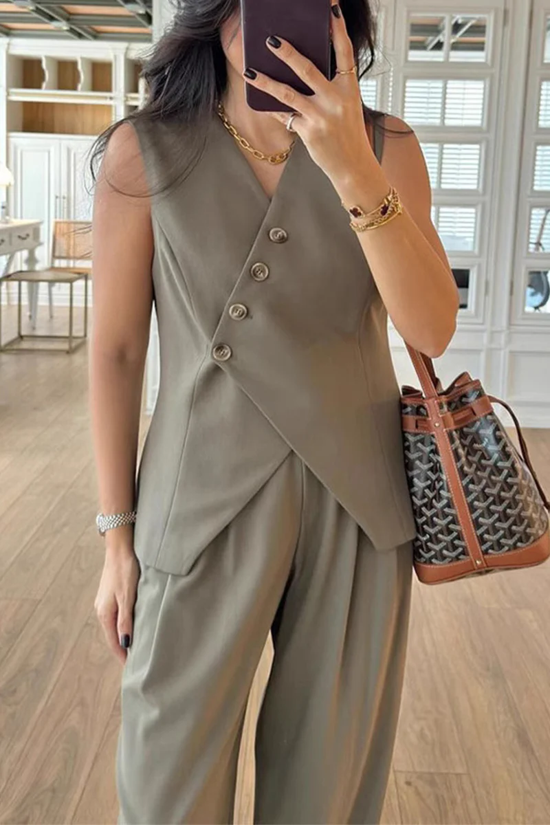 Casual Buttons V Neck Sleeveless Two Pieces - Panekey