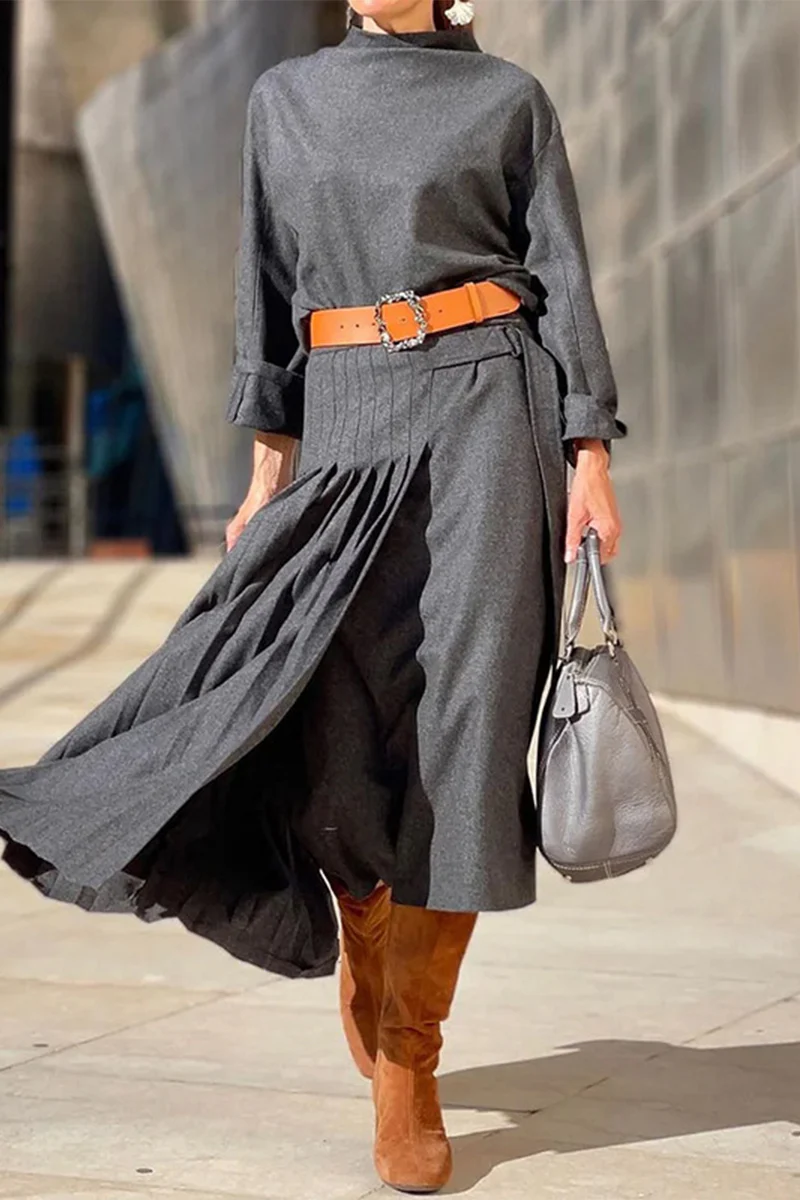 Casual British Style Leopard Fold Without Belt O Neck Waist Skirt Dresses(No Belt) - Panekey